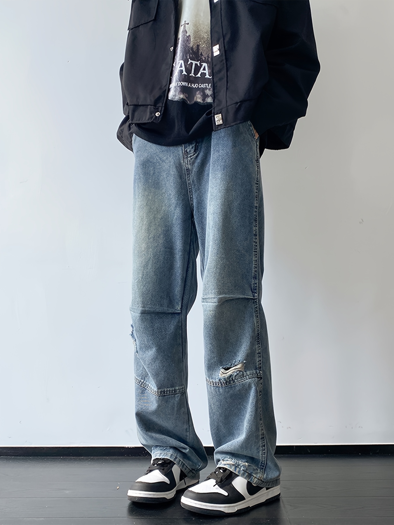 mens casual denim jeans with ripped waist regular fit non stretch solid with pockets zipper fly cotton denim for outdoor weekend activities details 2