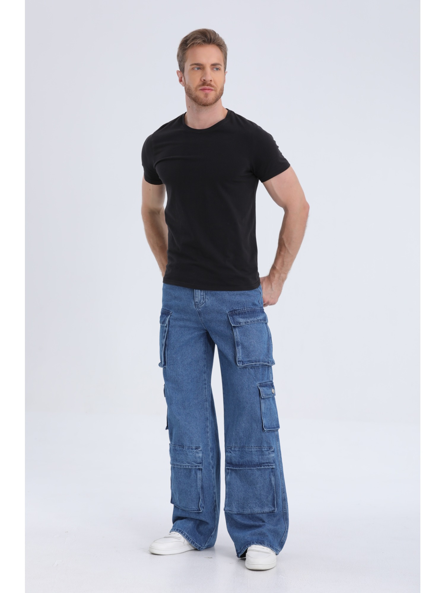 1pc Men S Geometric-Patterned Multi-Pocket Denim Denim - Regular Fit Woven Fabric, Comfortable Basics for Adults details 2