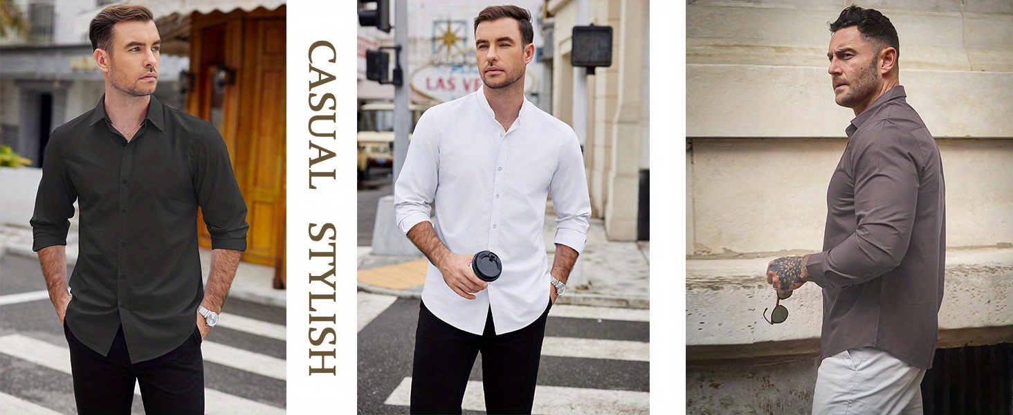 mens 2 in 1 formal casual shirt with detachable collar long sleeve wrinkle resistant polyester button style details 1