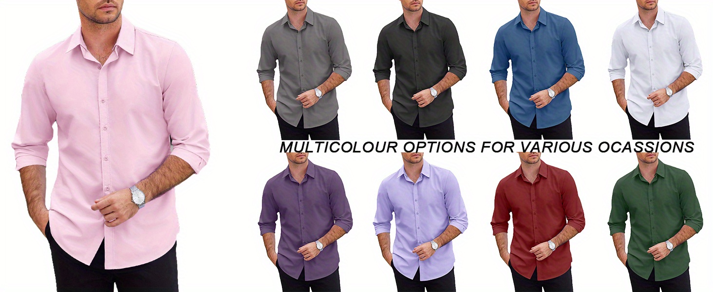 mens 2 in 1 formal casual shirt with detachable collar long sleeve wrinkle resistant polyester button style details 4