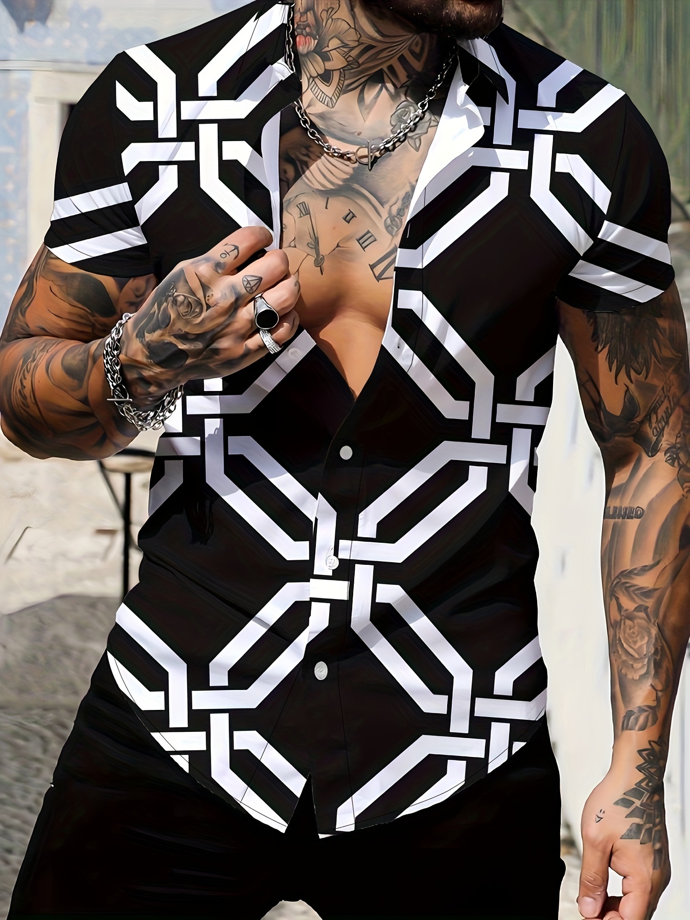 mens color geometric pattern 3d print casual shirt button front short sleeve top mens clothes for daily wear party details 1