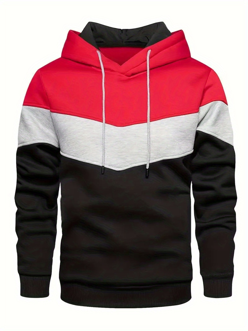 kangaroo pocket drawstring hoodie mens casual color block slightly stretch hooded sweatshirt for details 2