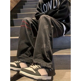 Men's Vintage Denim Jeans, Casual Streetwear Straight Leg Loose Pants For Outdoor Spring Fall