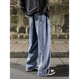 Men's Fashion Solid Loose Fit Straight Leg Jeans, Casual Street Style Denim Pants For Casual Daily Wear