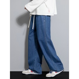 Men's Street Style Wide Leg Denim Jeans, Casual Drawstring Pants, Hip-Hop Loose Fit Jeans