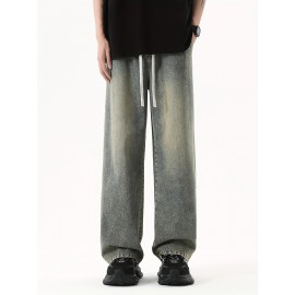 Men's Street Style Wide Leg Denim Jeans, Casual Drawstring Pants, Hip-Hop Loose Fit Jeans