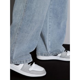 Men's Street Style Wide Leg Denim Jeans, Casual Drawstring Pants, Hip-Hop Loose Fit Jeans