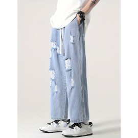 Cotton Blend Ripped Jeans for Adults - Casual Straight-Leg Cropped Pants with Distressed Detail, Non-Stretch Solid Color Summer Denim, Korean Style Hip Hop Fashion