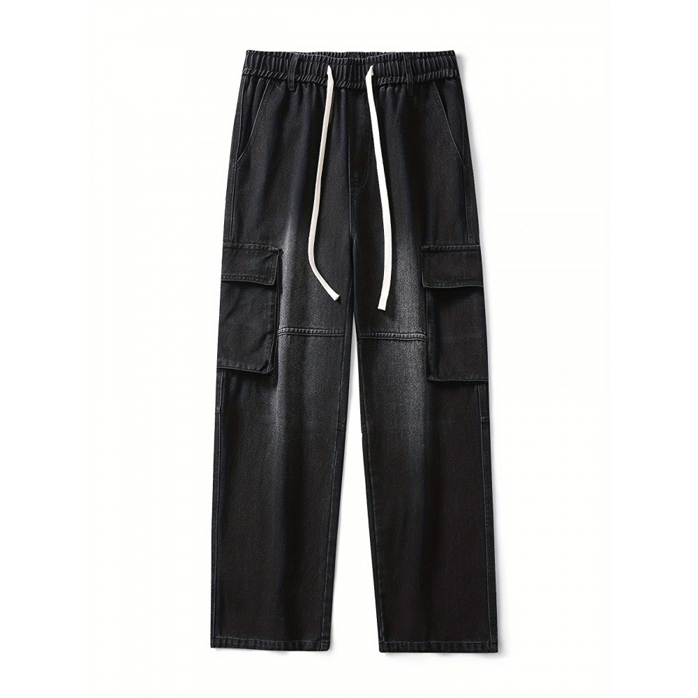 Men's Loose Gradient Color Denim Trousers With Pockets, Causal Drawstring Cotton Blend Jeans For Outdoor Activities