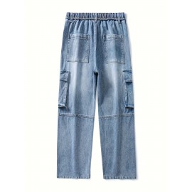 Men's Loose Gradient Color Denim Trousers With Pockets, Causal Drawstring Cotton Blend Jeans For Outdoor Activities