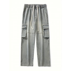 Men's Loose Gradient Color Denim Trousers With Pockets, Causal Drawstring Cotton Blend Jeans For Outdoor Activities