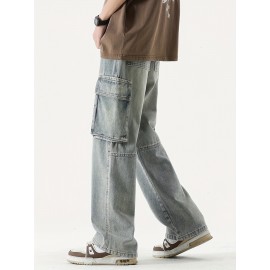 Men's Loose Gradient Color Denim Trousers With Pockets, Causal Drawstring Cotton Blend Jeans For Outdoor Activities
