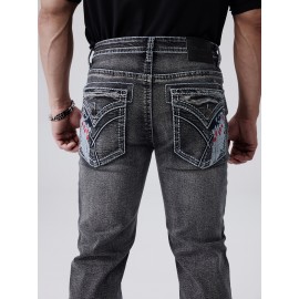 ESDVQ Men's Vintage-Inspired Embroidered Stretch Jeans - Slim Fit, Cotton Blend Denim with Pockets