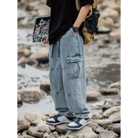 Men's Casual Loose-Fit Jeans with Unique 3D Pocket Design - Cotton Blend, Non-Stretch Denim for Spring/Fall