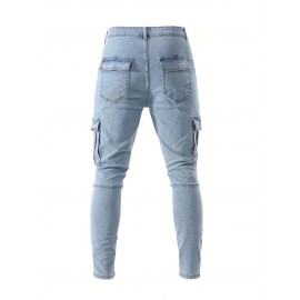 Men's Casual Flap Pocket Skinny Jeans, Chic Street Style Medium Stretch Denim Pants