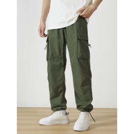 Men's Casual Flap Pocket Straight Leg Cargo Pants, Street Style Casual Pants For Outdoor Activities