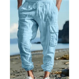 Men's Casual Cargo Pants with Drawstring - Soft, Loose Fit with Multiple Pockets, Solid Color, Machine Washable