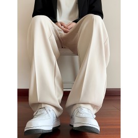 Men's Casual Fashion Pants, Versatile Solid Color, Polyester Fabric, Cropped Length