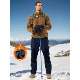 1pc ZUTY Men'S Fleece-Lined Waterproof Ski Pants, Softshell Color Block Sports Style with Zipper, Slight Stretch Polyester, Regular Fit for Snowboarding, Hiking - Woven Outdoor Trousers