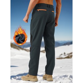 1pc ZUTY Men'S Fleece-Lined Waterproof Ski Pants, Softshell Color Block Sports Style with Zipper, Slight Stretch Polyester, Regular Fit for Snowboarding, Hiking - Woven Outdoor Trousers