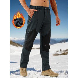 1pc ZUTY Men'S Fleece-Lined Waterproof Ski Pants, Softshell Color Block Sports Style with Zipper, Slight Stretch Polyester, Regular Fit for Snowboarding, Hiking - Woven Outdoor Trousers