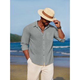Men'S Polyester Chambray Casual Dress Shirt, Sexy Lapel Collar, Long Sleeve, Solid Color, Slight Stretch Fabric, with Front Slit Hem, Single Breasted Placket, for All-Season Party Wear