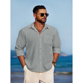 Men'S Polyester Chambray Casual Dress Shirt, Sexy Lapel Collar, Long Sleeve, Solid Color, Slight Stretch Fabric, with Front Slit Hem, Single Breasted Placket, for All-Season Party Wear