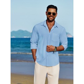 Men'S Polyester Chambray Casual Dress Shirt, Sexy Lapel Collar, Long Sleeve, Solid Color, Slight Stretch Fabric, with Front Slit Hem, Single Breasted Placket, for All-Season Party Wear