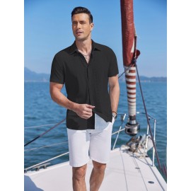 Men's Casual Button-Down Beach Shirt - Short Sleeve, Stretch Fabric, Summer Tropical Top with Turquoise Collar