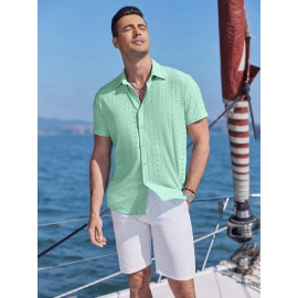 Men's Casual Button-Down Beach Shirt - Short Sleeve, Stretch Fabric, Summer Tropical Top with Turquoise Collar