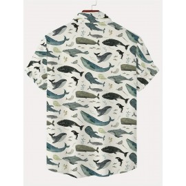 Men's Whale 3D Print Casual Shirt, Button Front Short Sleeve Top, Men's Clothes For Daily Wear/Party