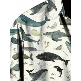 Men's Whale 3D Print Casual Shirt, Button Front Short Sleeve Top, Men's Clothes For Daily Wear/Party