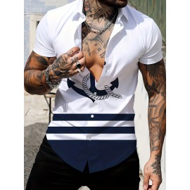 Men's Marine Style Anchor 3D Print Casual Shirt, Button Front Short Sleeve Top, Men's Clothes For Daily Wear/Party