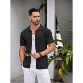 Men'S Summer Casual Knit Button-Down Lapel Shirts - Regular Fit, Slight Stretch Fabric, Solid Color Short Sleeve Casual Shirt with Button Detail