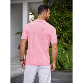 Men'S Summer Casual Knit Button-Down Lapel Shirts - Regular Fit, Slight Stretch Fabric, Solid Color Short Sleeve Casual Shirt with Button Detail