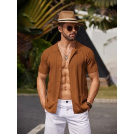 Men'S Summer Casual Knit Button-Down Lapel Shirts - Regular Fit, Slight Stretch Fabric, Solid Color Short Sleeve Casual Shirt with Button Detail