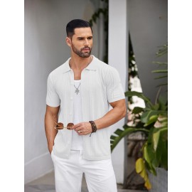 Men'S Summer Casual Knit Button-Down Lapel Shirts - Regular Fit, Slight Stretch Fabric, Solid Color Short Sleeve Casual Shirt with Button Detail