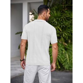 Men'S Summer Casual Knit Button-Down Lapel Shirts - Regular Fit, Slight Stretch Fabric, Solid Color Short Sleeve Casual Shirt with Button Detail