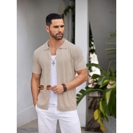 Men'S Summer Casual Knit Button-Down Lapel Shirts - Regular Fit, Slight Stretch Fabric, Solid Color Short Sleeve Casual Shirt with Button Detail