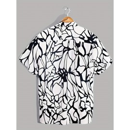 Crackle Pattern Print Men's Color Block Short Sleeve Button Up Lapel Shirt For Summer Resort Holiday, Hawaiian Style