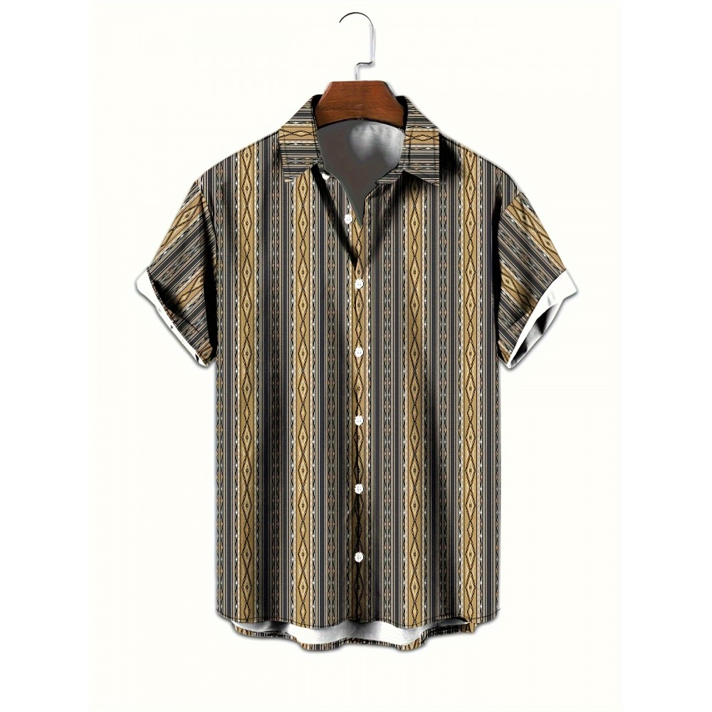 Men's Ethnic Style Geometric Pattern 3D Print Casual Shirt, Button Front Short Sleeve Top, Men's Clothes For Daily Wear/Party