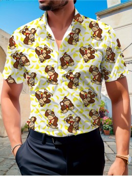 Trendy Collared, Men's Novelty Geometric Print Button-Up Shirt - Casual, Breathable Polyester, Machine Washable