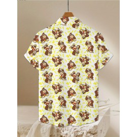 Trendy Collared, Men's Novelty Geometric Print Button-Up Shirt - Casual, Breathable Polyester, Machine Washable