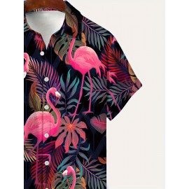 Men's 3D Flamingo Pattern Print Short Sleeve Lapel Shirt Top, Casual Button Up Shirt For Summer Daily Wear And Vacation Resorts