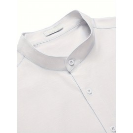 Men's Casual Button Down Cotton Shirts Short Sleeve Band Collar Beach Summer Shirt Tops