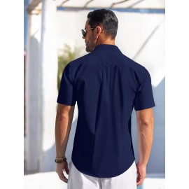 Men's Casual Button Down Cotton Shirts Short Sleeve Band Collar Beach Summer Shirt Tops
