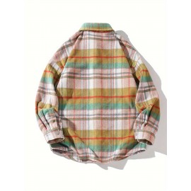 Color Block Plaid Men's Retro Long Sleeve Button Down Shirt With Chest Pockets, Spring Fall Casual Outdoor Loose Shirt