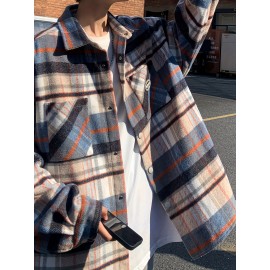 Color Block Plaid Men's Retro Long Sleeve Button Down Shirt With Chest Pockets, Spring Fall Casual Outdoor Loose Shirt