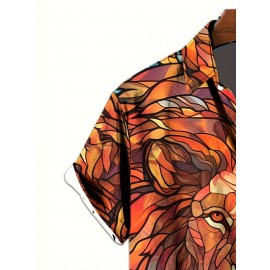 1pc Men'S Casual Short Sleeve Shirt with 3D Lion Print, Polyester Woven Fabric, Slight Stretch, Regular Fit, Lapel Collar - Animal Pattern Design