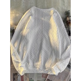 Trendy Cable Sweatshirt, Men's Casual Solid Crew Neck Sweatshirt For Men Fall Winter